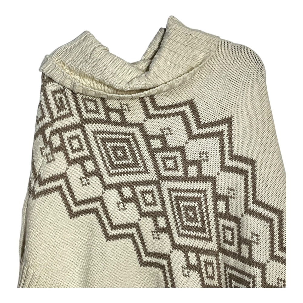Sonoma Life Style Women Poncho Sweater L XL Cream Brown Geometric Aztec CowlNeck - Picture 2 of 8